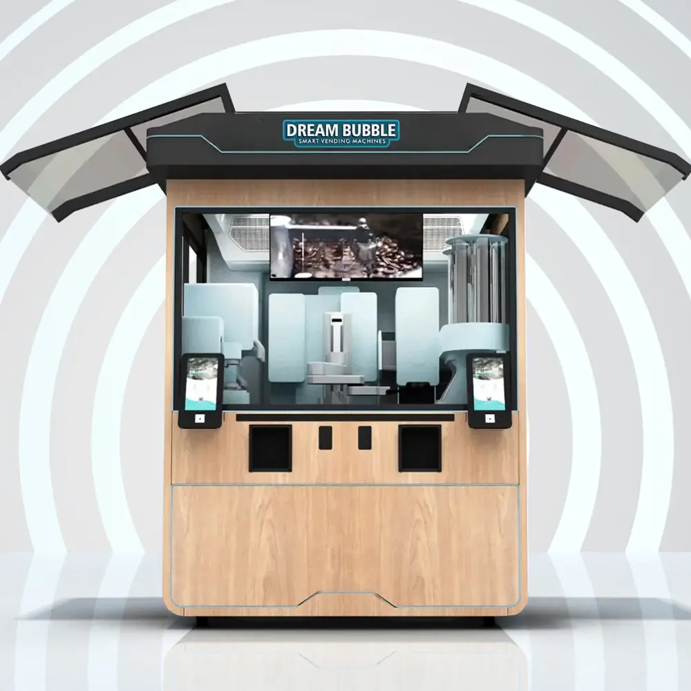 A robotic coffee vending machine preparing a cup of coffee